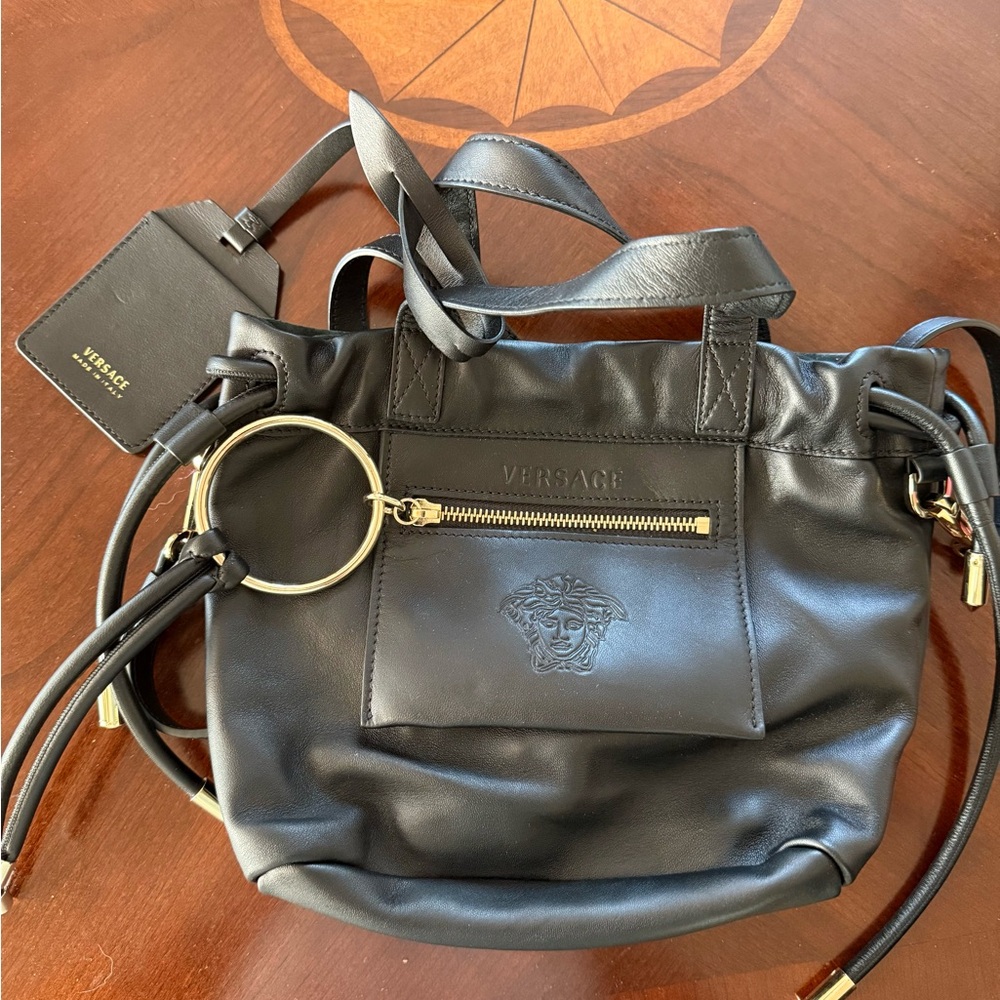 Versace Black Leather Shoulder Bag with Gold Accents